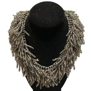 Stunning Silver Beaded Fringe Statement Necklace With Lobster Clasp